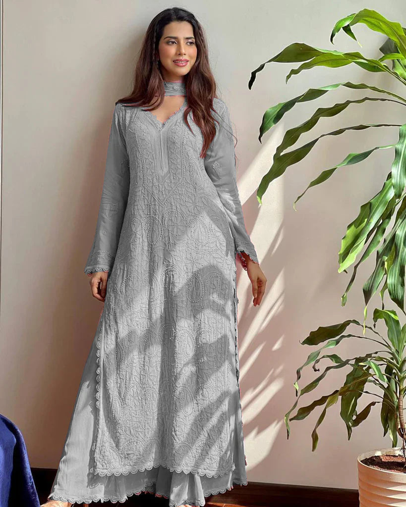 Gray Georgette Chikankari Embroidery Kurta With Pant & Dupatta | For Women