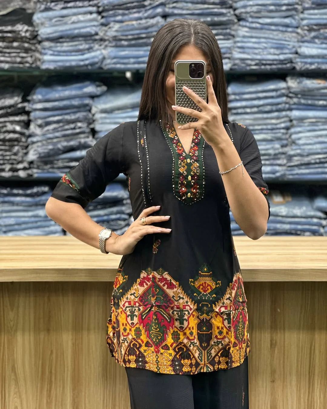 Printed Black Asymmetric Top With Palazzo Set