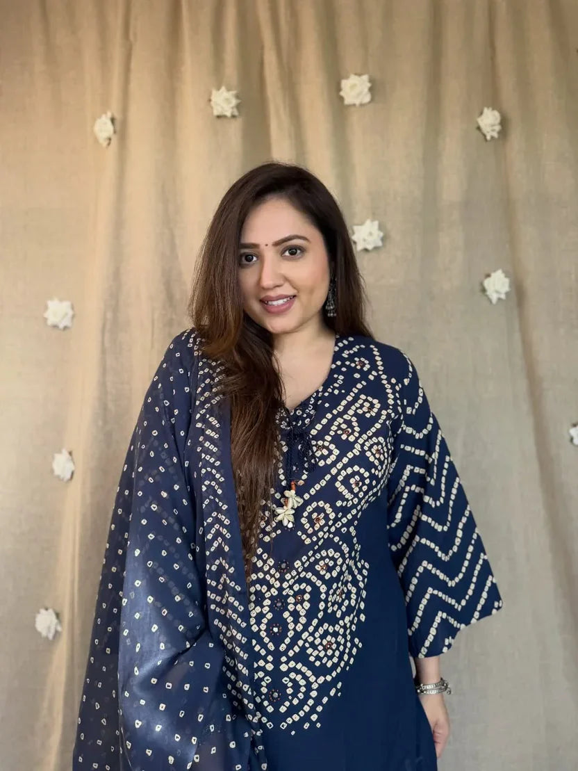 Gangori Bandhej Blue Kurta Set