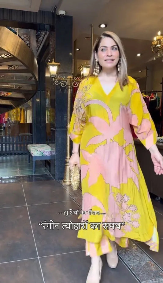 Crepe Lemon yellow Floral Set