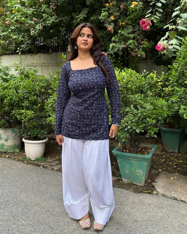 Indigo Print Cotton Kurta Corset Back, White Farshi