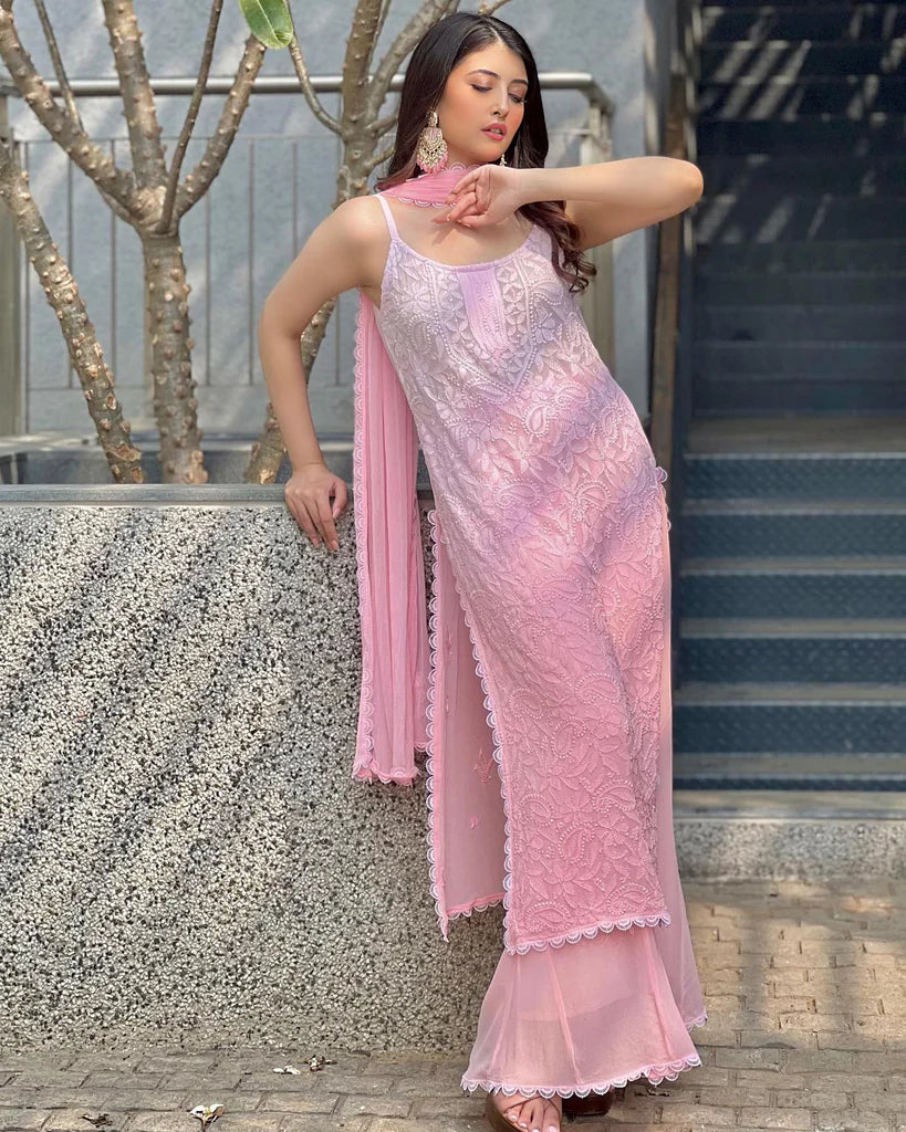Pink Strappy Viscose Georgette Chikankari Kurta Palazzo Dupatta Set
