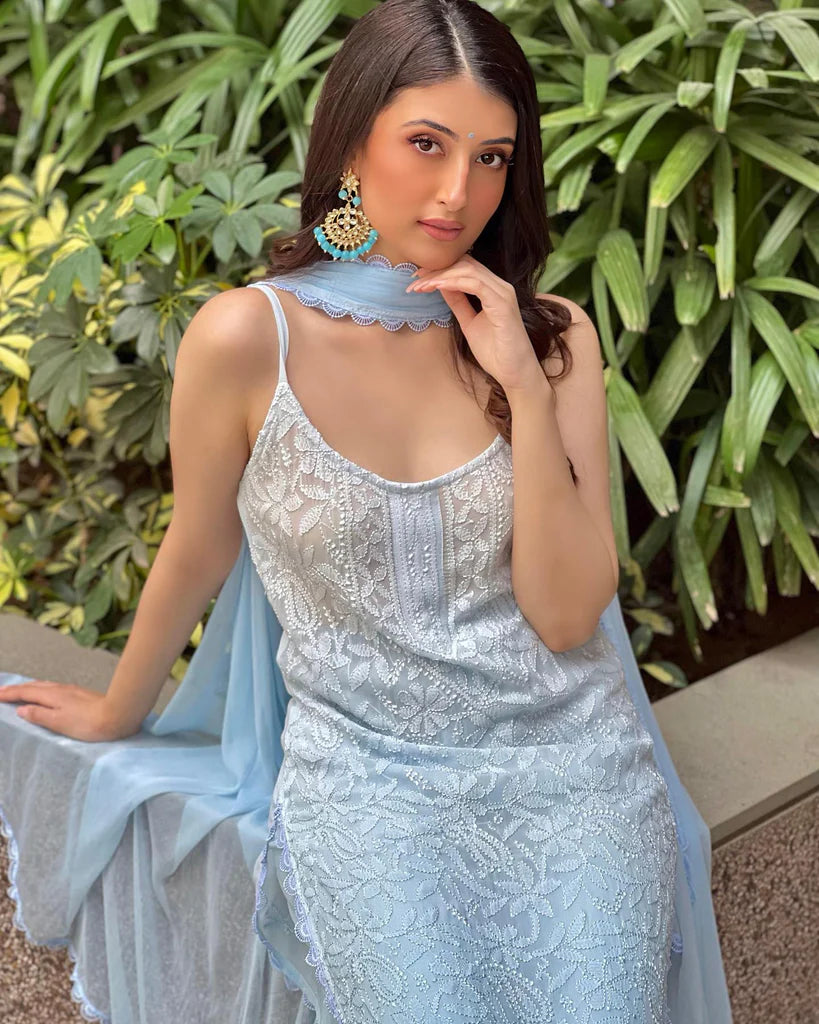 Blue Strappy Viscose Georgette Chikankari Kurta Palazzo Dupatta Set
