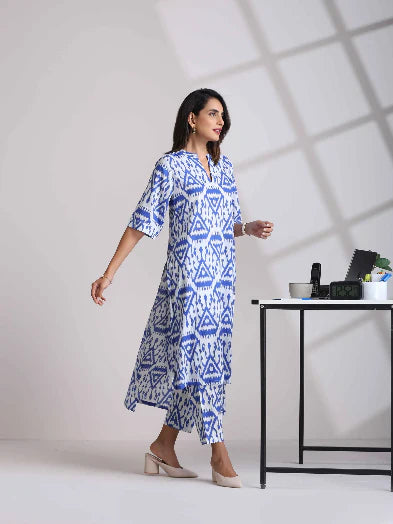 Blue Cotton Ikat High-Low Kurta Pant Set