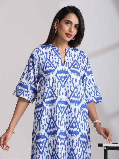 Blue Cotton Ikat High-Low Kurta Pant Set