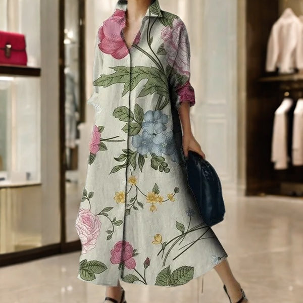 Multicolor Linen Blend Vintage Printed Long Dress