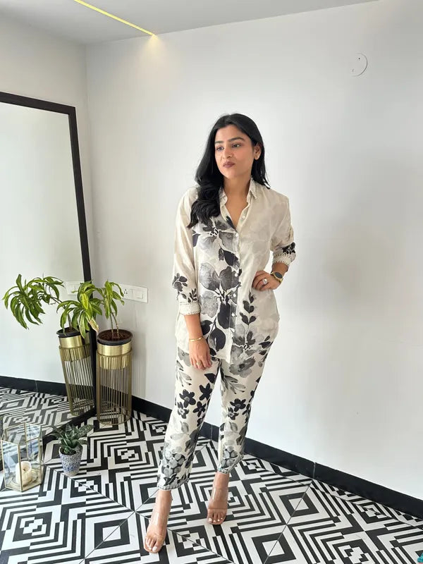 Black Leaf Crepe Co-ord Set Two Piece Outfit for Women