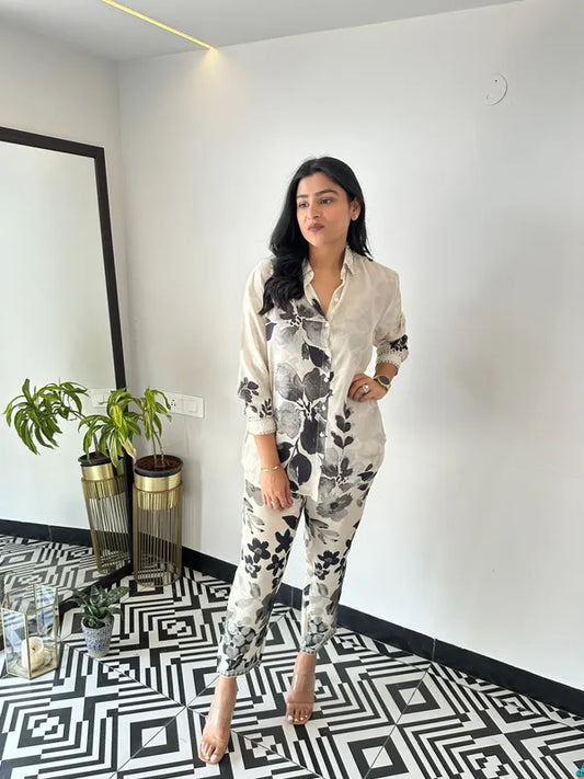 Black Leaf Crepe Co-ord Set Two Piece Outfit for Women