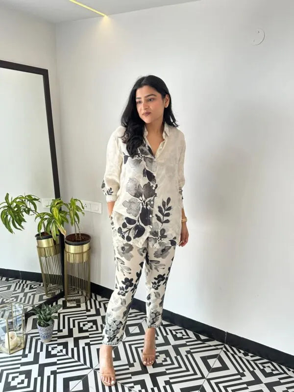 Black Leaf Crepe Co-ord Set Two Piece Outfit for Women