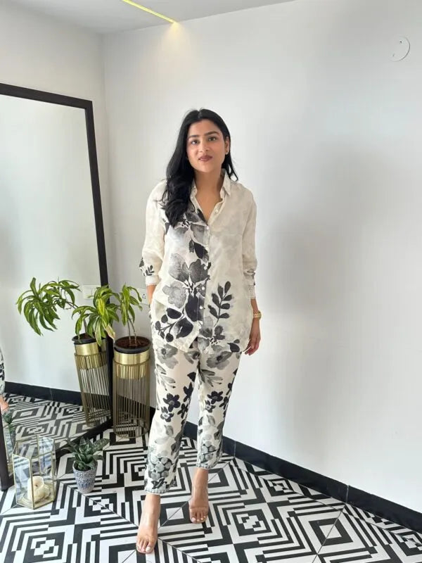 Black Leaf Crepe Co-ord Set Two Piece Outfit for Women