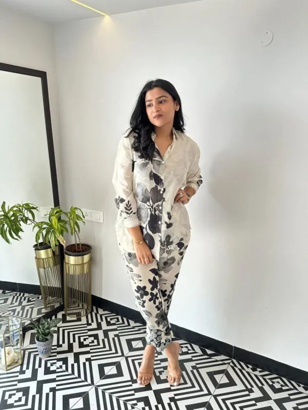 Black Leaf Crepe Co-ord Set Two Piece Outfit for Women