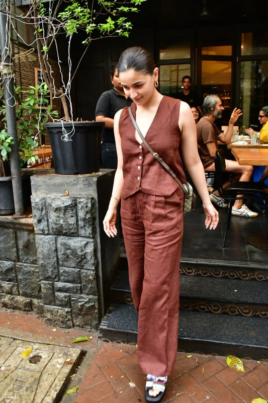 Alia Bhat Muse Chocolate Co-Linen Vest Coat & Trousers