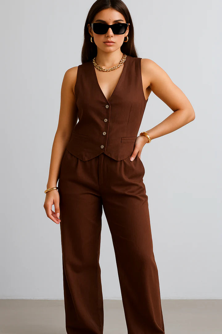 Alia Bhat Muse Chocolate Co-Linen Vest Coat & Trousers