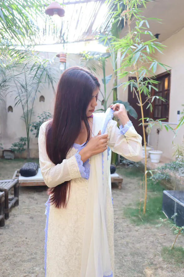 Cream Viscose Georgette Silk Chikankari Kurta With Palazzo And Dupatta Set