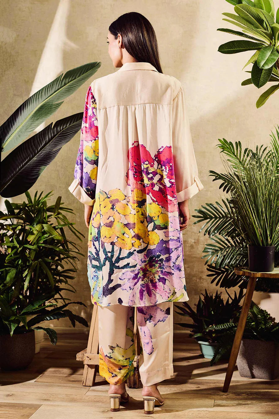 Off White Printed Flower Collared Co-ord Set