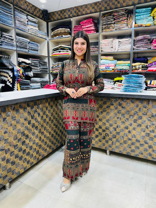 Printed Asymmetric Red And Green Top With Palazzo Set