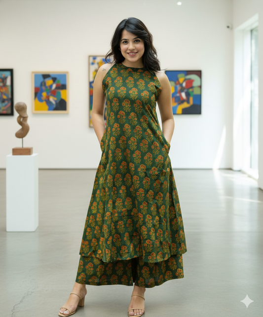 Cotton Cut Sleeve Floral Kurta Pant Set