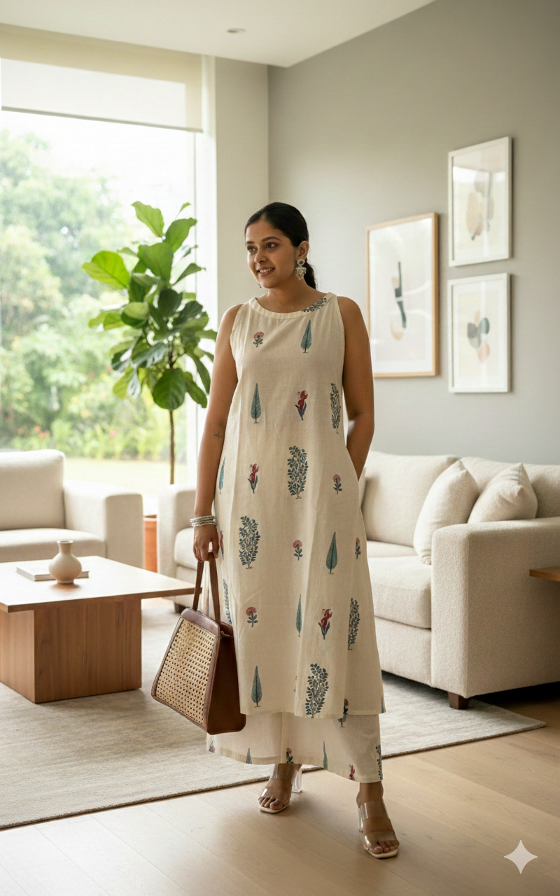 Off White Print A-line kurta Set