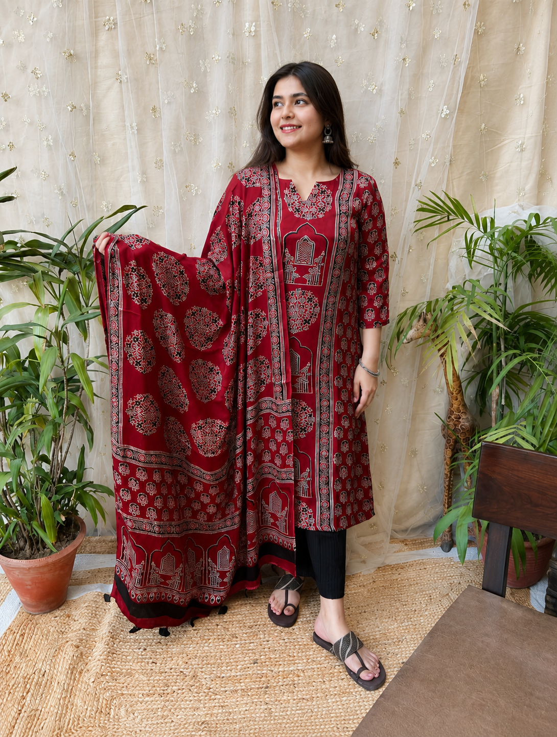 Reena Red Modal Silk Kurta Duppata Set