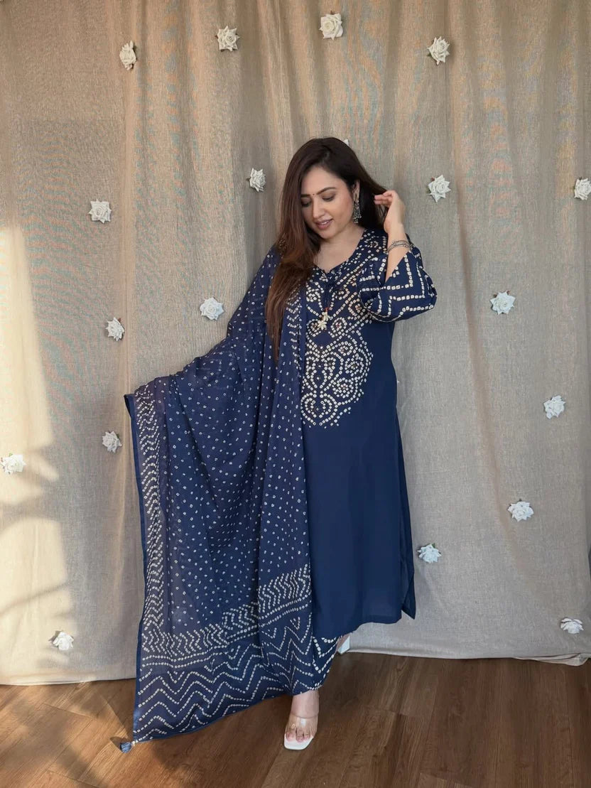 Gangori Bandhej Blue Kurta Set