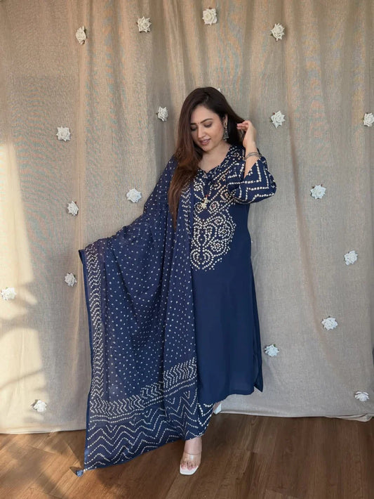 Gangori Bandhej Blue Kurta Set