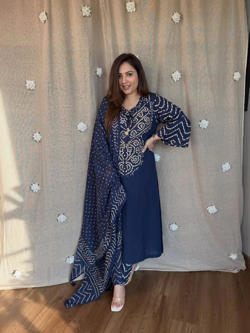 Gangori Bandhej Blue Kurta Set
