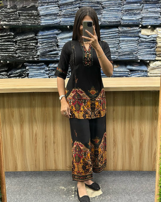 Printed  Black Asymmetric Top With Palazzo Set