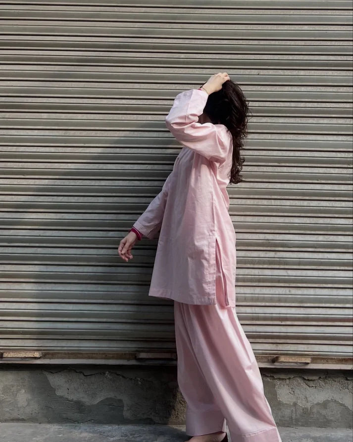 Blush Pink Cotton Farshi Suit Set | Sweetheart Neck