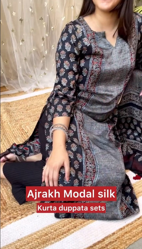 Reena Black Modal Silk Kurta Duppata Set