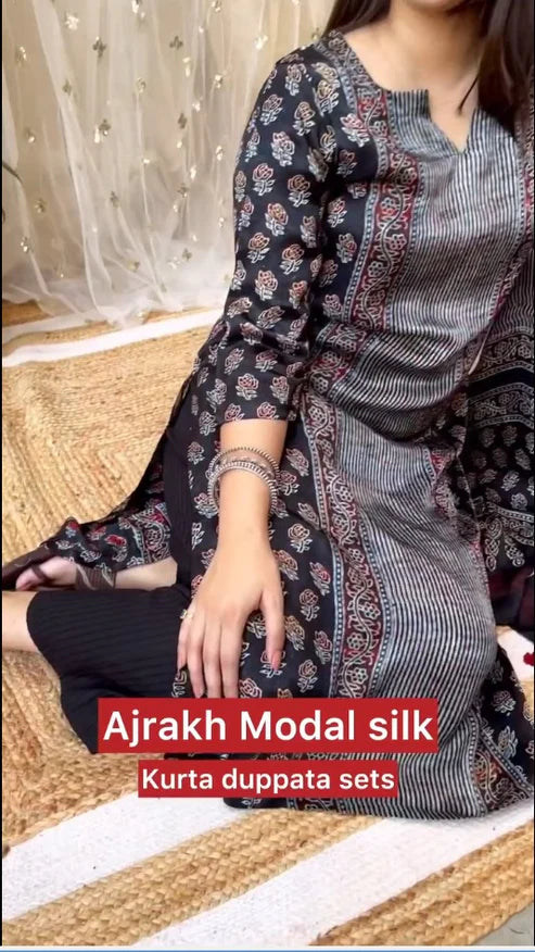 Reena Black Modal Silk Kurta Duppata Set