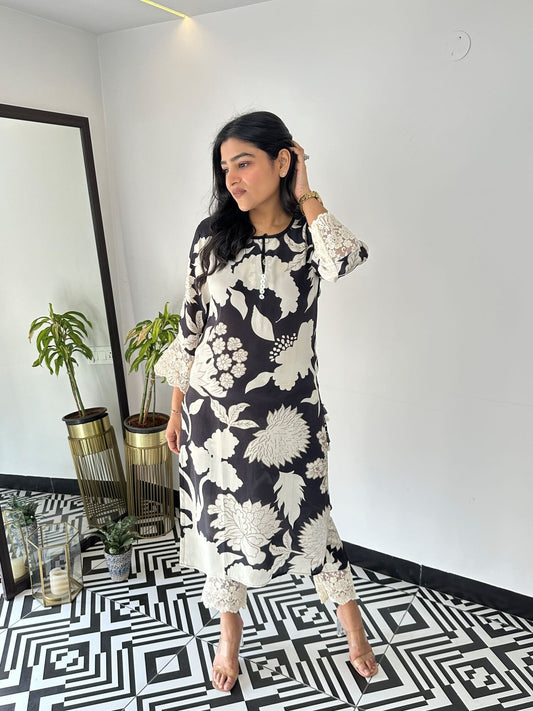 Black and White Muslin Kurta
