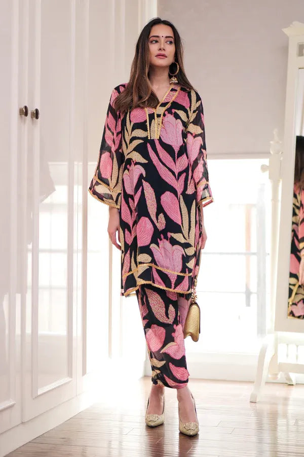 Black Floral Suit Set For Women