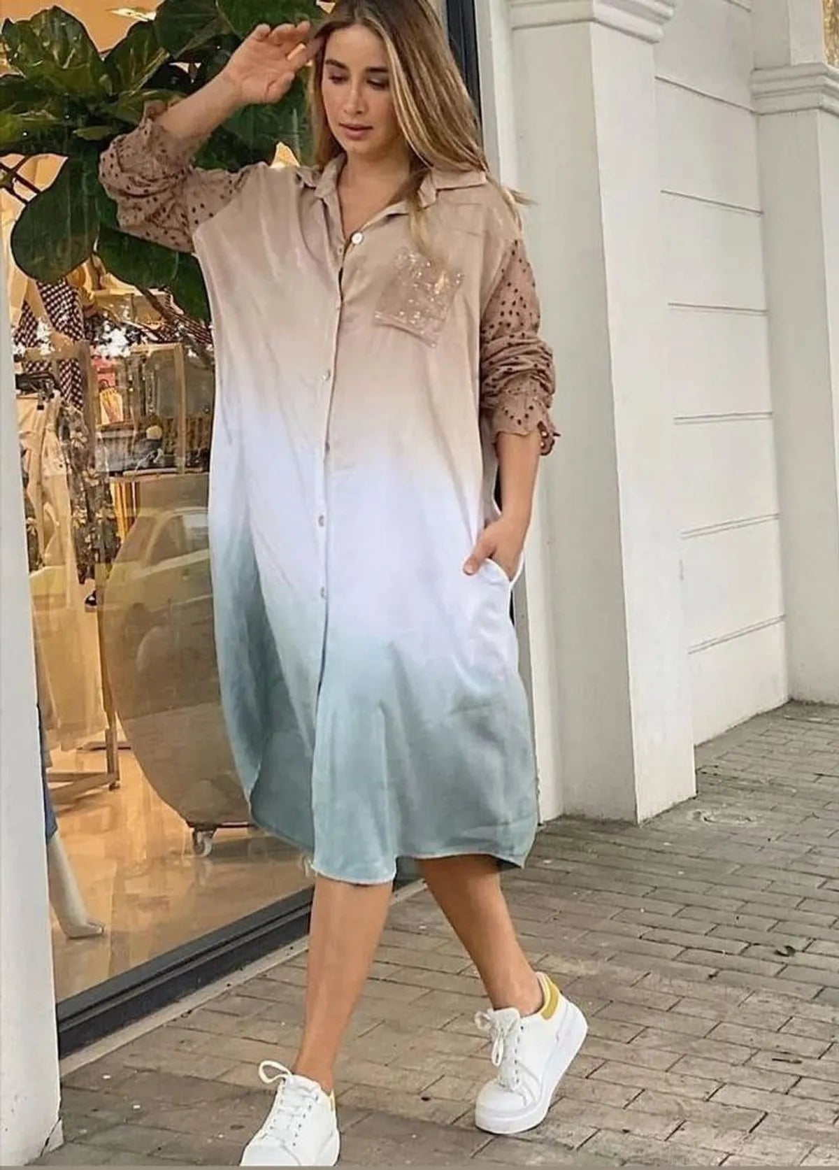 Brown Grey Shaded Shirt Dress