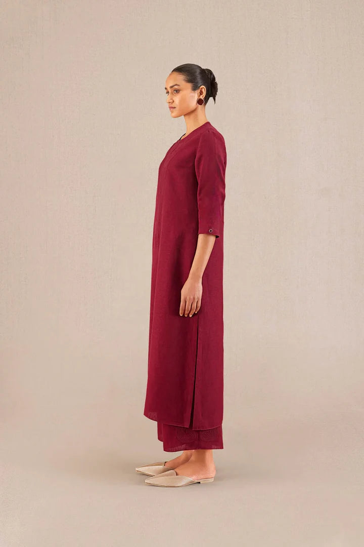 Parineeti Chopra styled Reddish Maroon Linen Kurta Set