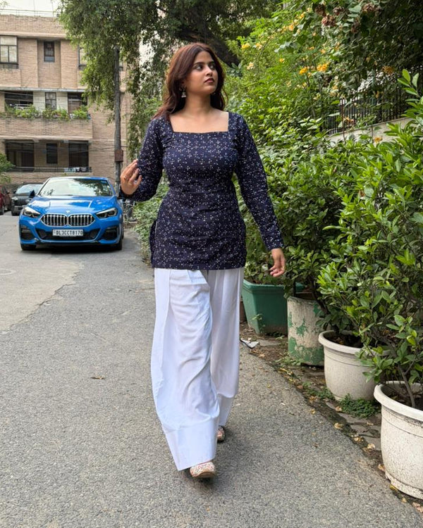 Indigo Print Cotton Kurta Corset Back, White Farshi