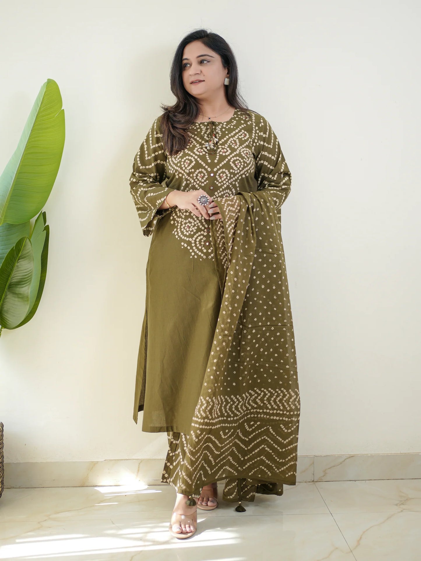 Gangori Bandhej Mehndi Kurta Set