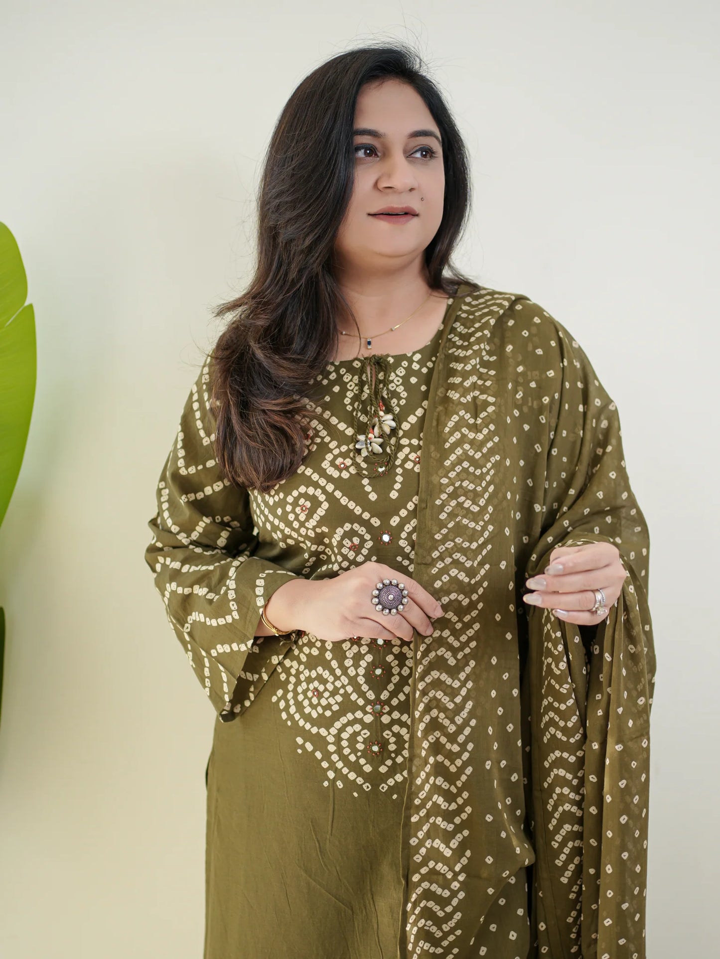 Gangori Bandhej Mehndi Kurta Set