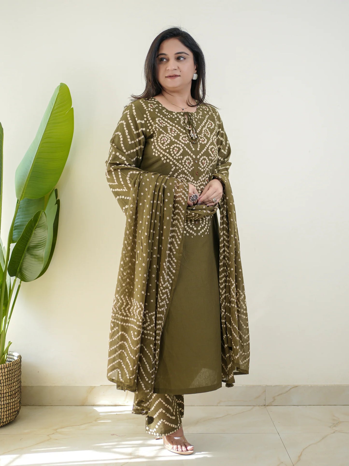 Gangori Bandhej Mehndi Kurta Set