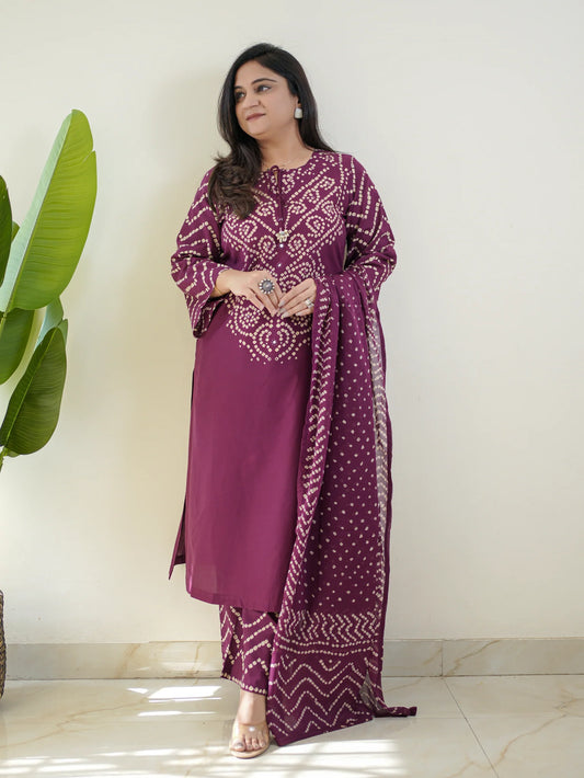 Gangori Bandhej Purple Kurta Set