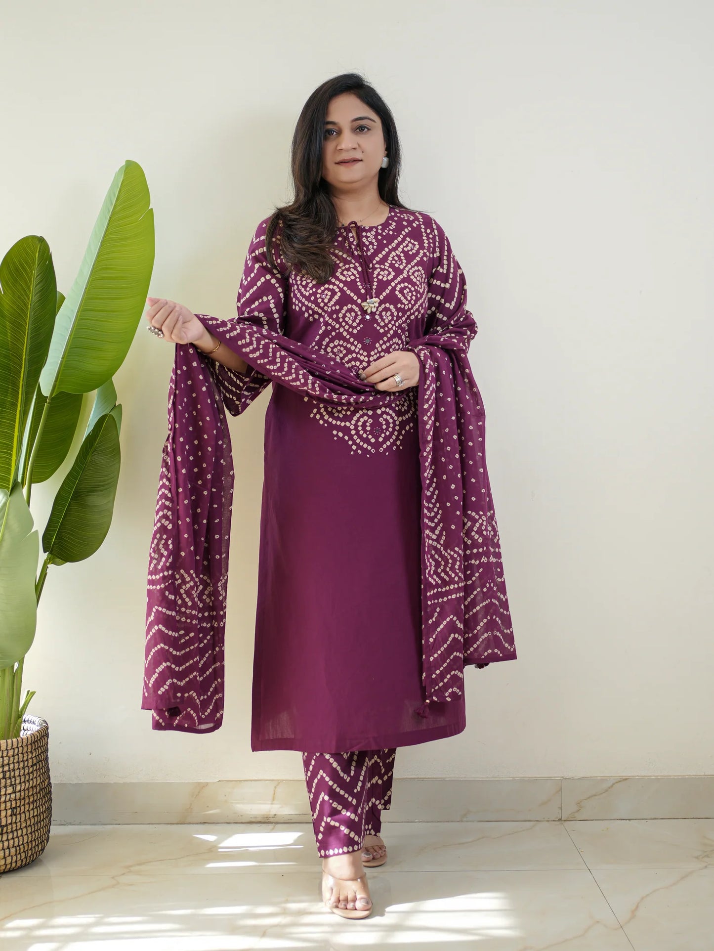 Gangori Bandhej Purple Kurta Set