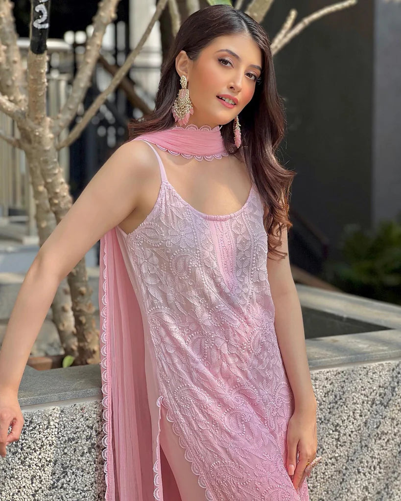 Pink Strappy Viscose Georgette Chikankari Kurta Palazzo Dupatta Set