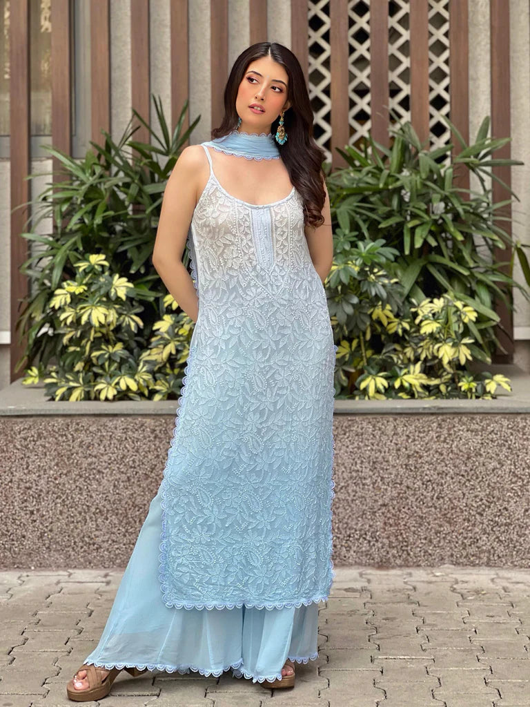 Blue Strappy Viscose Georgette Chikankari Kurta Palazzo Dupatta Set