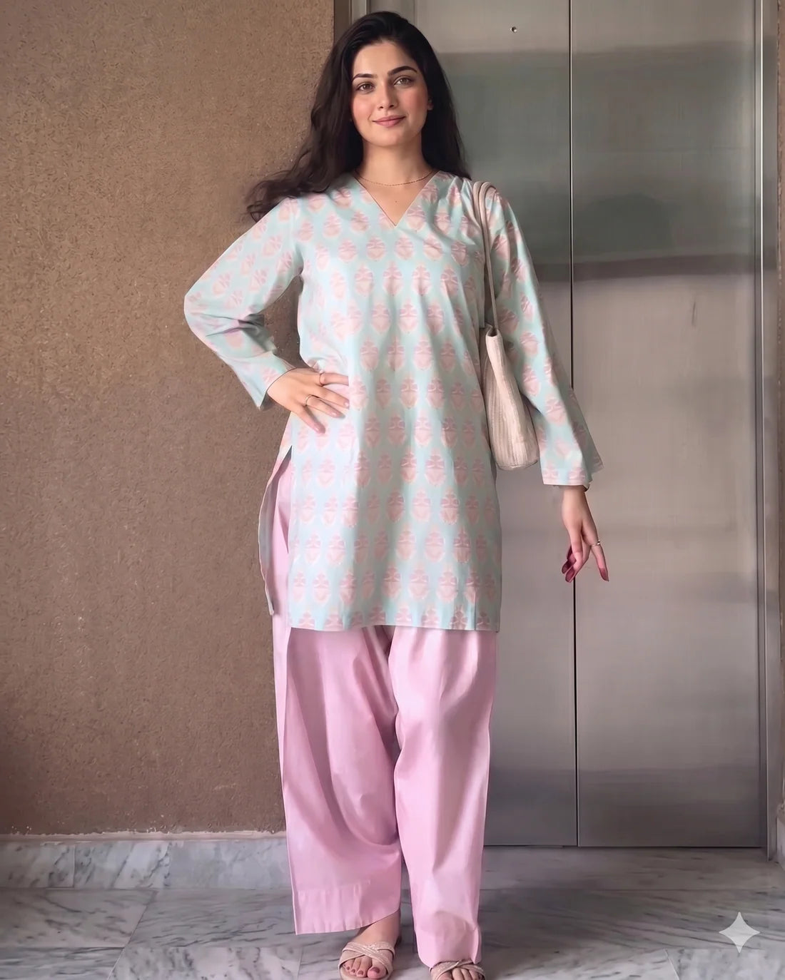 Seafoam Floral Cotton Kurta with Blush Farshi