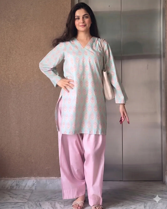 Seafoam Floral Cotton Kurta with Blush Farshi