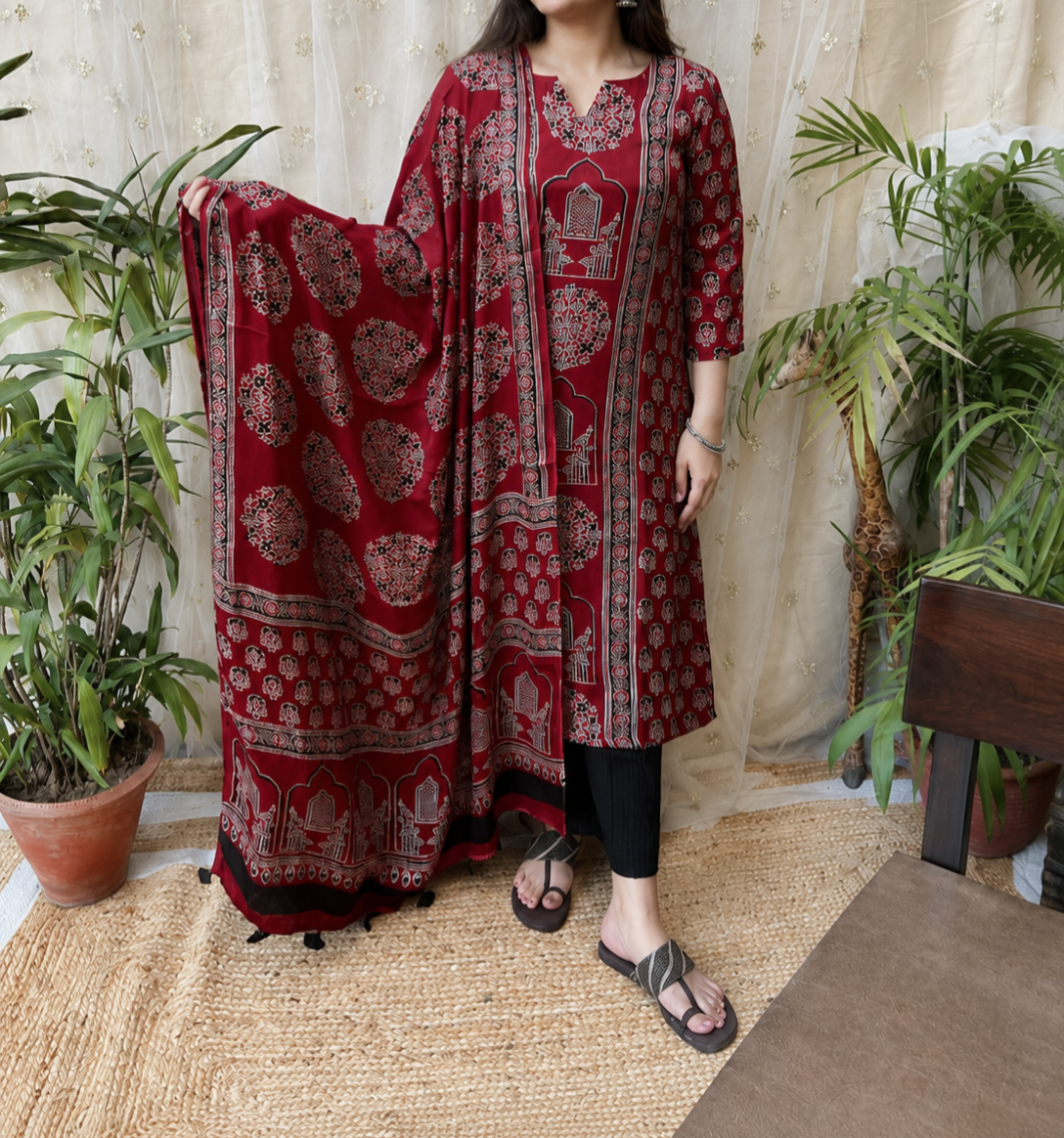 Reena Red Modal Silk Kurta Duppata Set