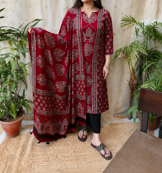 Reena Red Modal Silk Kurta Duppata Set