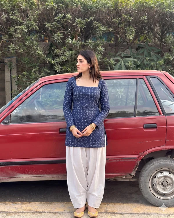 Indigo Print Cotton Kurta Corset Back, White Farshi