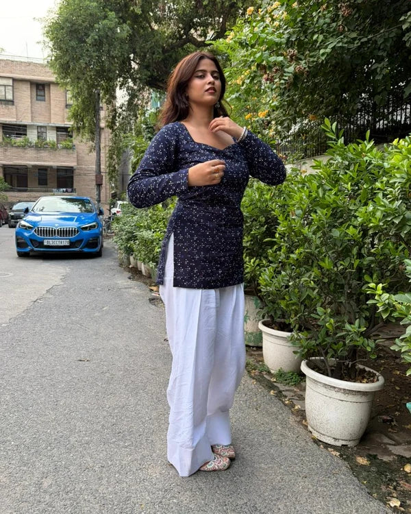 Indigo Print Cotton Kurta Corset Back, White Farshi