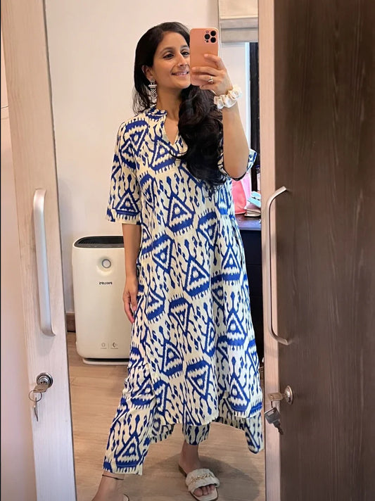 Blue Cotton Ikat High-Low Kurta Pant Set