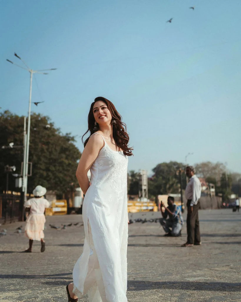 White Rayon Cotton Strappy Chikankari Kurta Pant with Dupatta Set